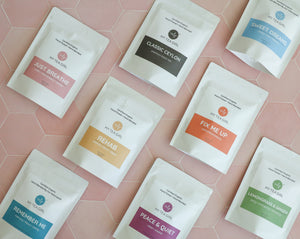 MY TEA GIRL full range of organic wellness teas. These tea with benefits include a brain booster, anti inflammatory, a slimming cleanse, anti-anxiety, a brain booster along with the classic Ceylon and Lemongrass & Ginger.