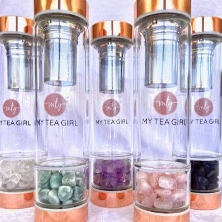 Crystal Infused Glass Bottles with Tea Infuser, in a range of 5 crystals to enhance your natural healing. Ethically sourced natural crystals.