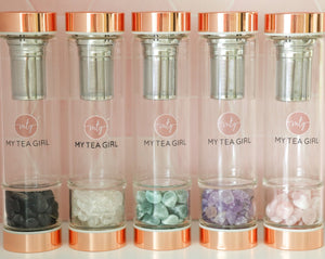 Obsidian, Clear Quartz, Aventurine, Amethyst & Rose Quartz make up the range of Crystal Glass Bottles.